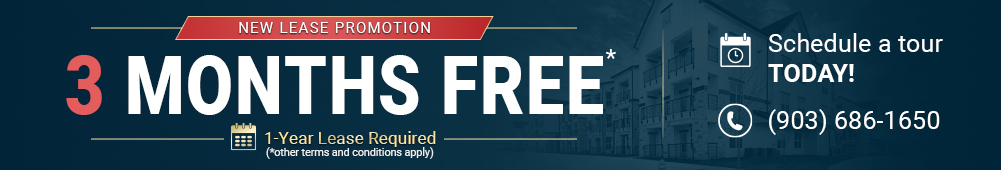 New lease promotion: 3 months free with a one-year lease. Schedule a tour today at (903) 686-1650.